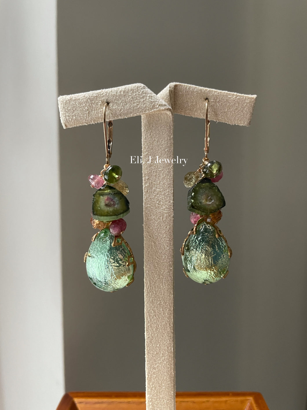 Eva: Vtg Mint Glass Gems, Watermelon Tourmaline, Sapphire Earrings