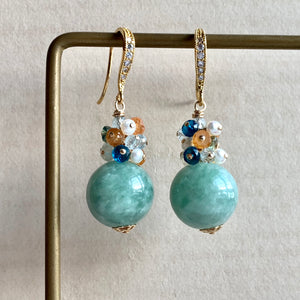 Type A Green Jade Balls & Gemstones Gold Earrings