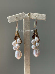 Lily: Vtg Brass Lily, Ivory Freshwater Pearls Earrings