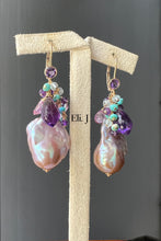 Load image into Gallery viewer, Purple Baroque Pearls, Amethyst, Turquoise 14kGF Earrings