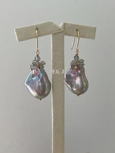 Silver Rainbow Baroque Pearls Labradorite Pink Zircon 14kGF Earrings