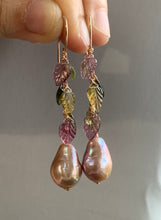 Load image into Gallery viewer, AAA Pink Edison Pearls, Watermelon Tourmaline Leaves 14kRGF Earrings