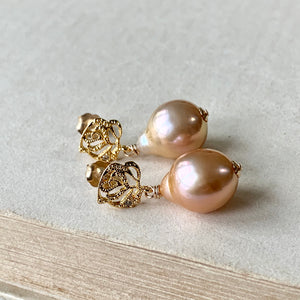 Peach Edison Pearls on Rose Studs 14kGF