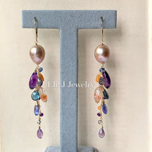 Load image into Gallery viewer, Peach Edison Pearls, Amethyst, London Blue Topaz, Sunstone, Etc Cascade 14kGF Earrings