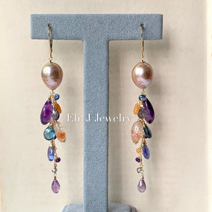 Peach Edison Pearls, Amethyst, London Blue Topaz, Sunstone, Etc Cascade 14kGF Earrings