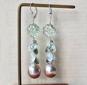 Pink Gold Edison Pearls, Moss Aquamarine, Rainbow Moonstone, Sky Blue Topaz 925 Sterling Silver Earrings