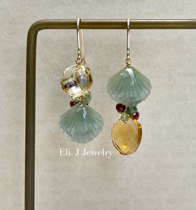 Exclusive to Eli. J: Green-Yellow Jade Shells, Citrine & Gems Earrings