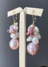 Load image into Gallery viewer, Peony: Pink Edison Pearls, Keshi Pearls &amp; Vtg Flowers 14kGF Earrings