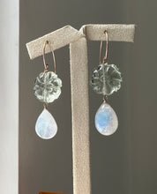 Load image into Gallery viewer, Green Amethyst Flower, Rainbow Moonstone 14kRGF Earrings