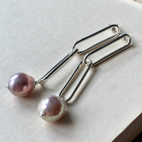Lilac Edison Pearls on Silver Statement Link Earrings