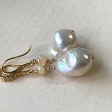 Load image into Gallery viewer, Rainbow Glow White Baroque Pearls, Opal 14kGF Earrings