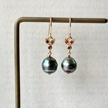 Load image into Gallery viewer, Rainbow Peacock Tahitian Circle Pearls, Red Zirconia Bee 14kGF Earrings