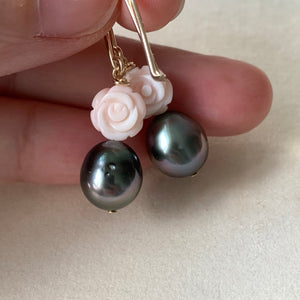 Rose Tahitian Pearls & Shell Roses (Hans Forged) 14kGF Earrings