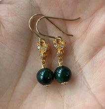 Load image into Gallery viewer, Dark Green Jade &amp; Bees 14kGF Earrings