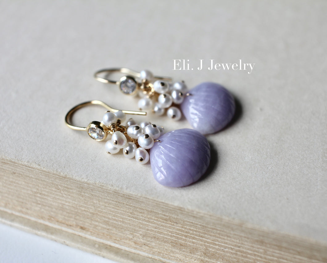 Lavender Jade Seashells & Pearls 14kGF Earrings