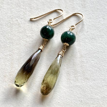 Load image into Gallery viewer, Deep Green Jade &amp; Bi-lemon Quartz 14kGF Earrings