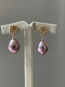Purple Edison Drop Pearls on Rose Studs