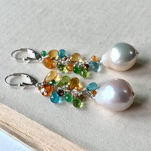 Load image into Gallery viewer, Cream AAA Baroque Pearls, Apatite, Mandarin Garnet, &amp; Gems 925 Earrings