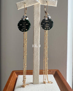 Exclusive Deep Green 喜喜, Diamond Drops, Gemstone Tassel 14kGF Earrings