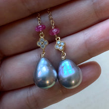 Load image into Gallery viewer, Silver Baroque, Pink Tourmaline Clover 14kGF Threader Earrings