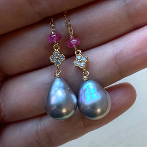 Silver Baroque, Pink Tourmaline Clover 14kGF Threader Earrings