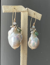 Load image into Gallery viewer, Ivory Baroque Pearls, Green Tourmaline, Aquamarine 14KGF Earrings