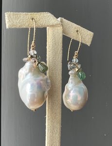 Ivory Baroque Pearls, Green Tourmaline, Aquamarine 14KGF Earrings