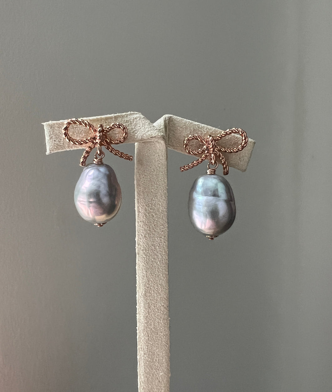 Silver Pearls on Rose Gold Ribbon Studs