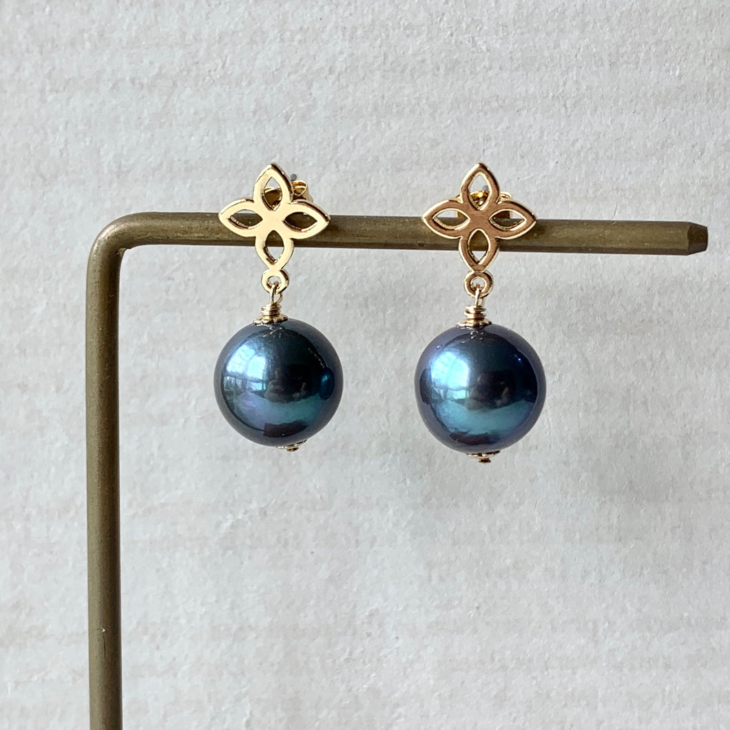 Peacock Blue Freshwater Pearls Fleur de Lis Studs