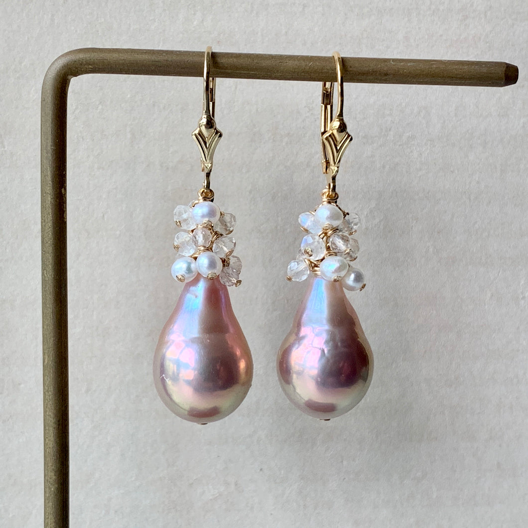 Larger AAA Pink-Rainbow Edison Drop Pearls & White Gems 14kGF