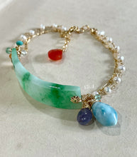 Load image into Gallery viewer, Carved Cranes Kissing Jade Bar Bracelet, Larimar, Tanzanite 14kGF Bracelet