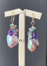 Load image into Gallery viewer, Purple Baroque Pearls, Amethyst, Turquoise 14kGF Earrings