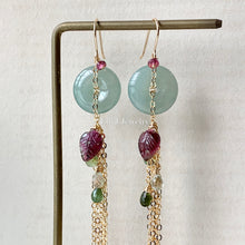 Load image into Gallery viewer, Type A Green Jade, Tourmaline Leaves &amp; Drops Tassel 14kGF Earrings