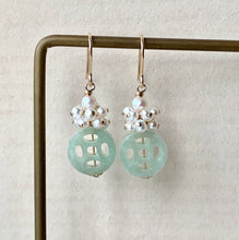 Load image into Gallery viewer, Carved Type A Apple-Green Jade &amp; Pearls 14kGF Earrings