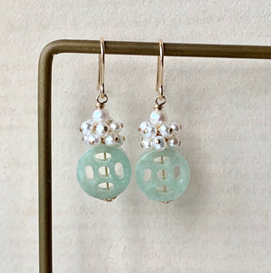 Carved Type A Apple-Green Jade & Pearls 14kGF Earrings