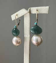 Load image into Gallery viewer, Pocahontas: Jadeite Shells, Large Peach Edison Pearls, Turquoise 14kGF Earrings