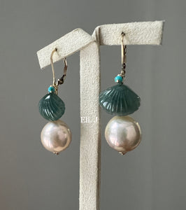 Pocahontas: Jadeite Shells, Large Peach Edison Pearls, Turquoise 14kGF Earrings