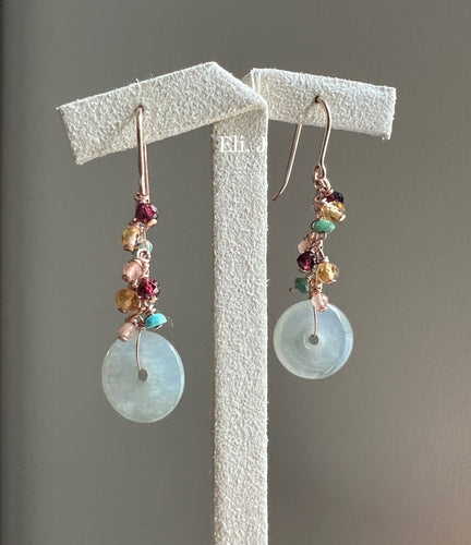 Icy Petite Jade Donuts, Garnet, Turquoise 14kGF Earrings