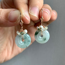 Load image into Gallery viewer, Floral Jade Donuts, Pearls, Kyanite on 14kRGF Earrings