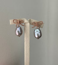 Load image into Gallery viewer, Silver Pearls on Rose Gold Ribbon Studs