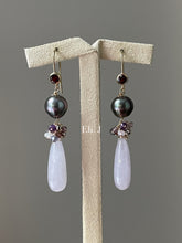 Load image into Gallery viewer, Lavender Jade Teardrops, AAA Rose Tahitian Pearls, Spinel 14kGF Earrings