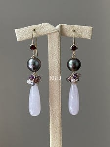 Lavender Jade Teardrops, AAA Rose Tahitian Pearls, Spinel 14kGF Earrings