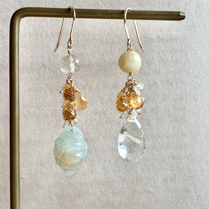 Type A Green-Yellow Jade Teapot & Yellow Gemstones 14kGF Earrings