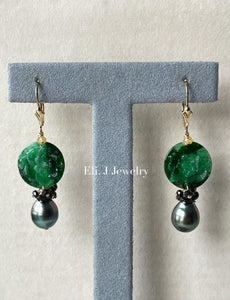 Exclusive: Peony Dark Green Type A Jadeite, Tahitian Pearls, Spinel 14kGF Earrings