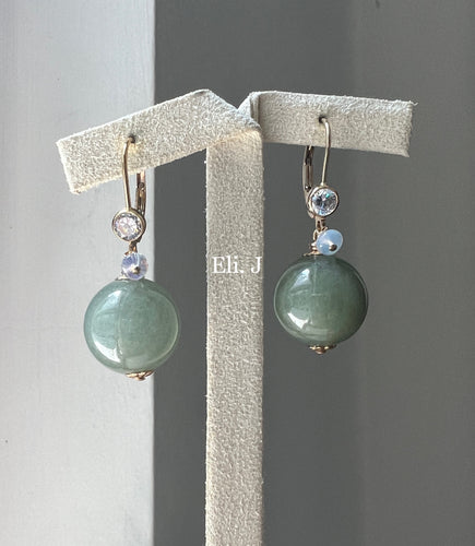 Deep Olive Green Jade Balls 14kGF Earrings