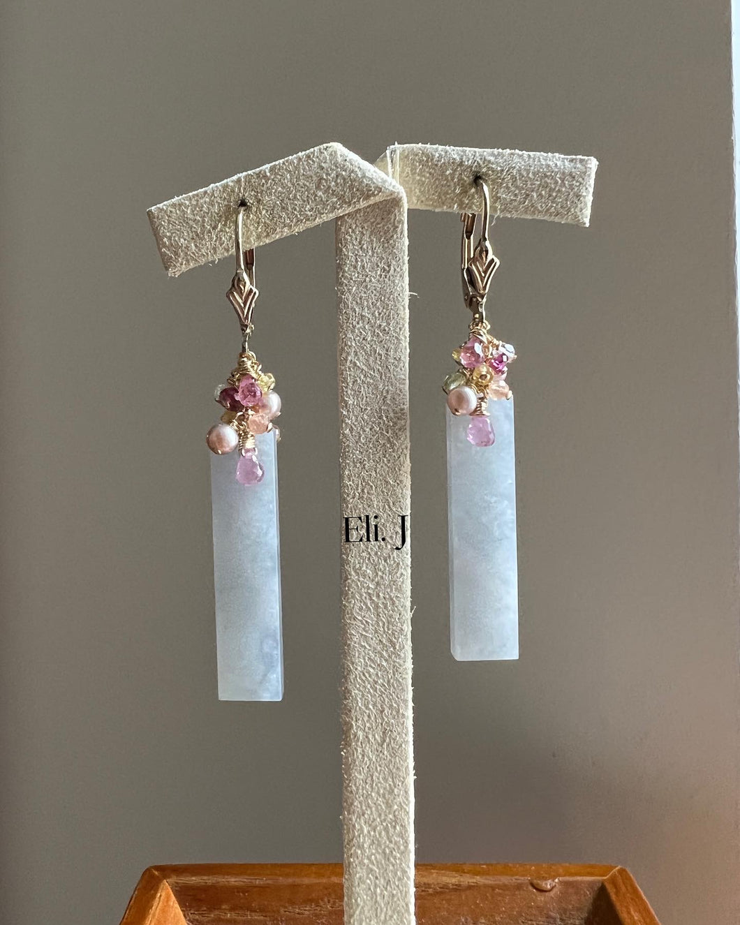 Bluish Lavender Jade Bars, Pink Sapphire, Gemstones 14kGF Earrings