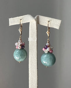 Mint Green Large Jade Balls & Pink Gemstones 14kGF Earrings