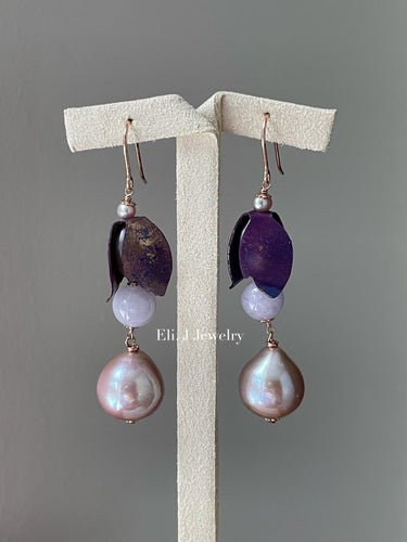 Mary: Lavender Jade, Pink Edison Pearls, Vtg Purple Flower Earrings