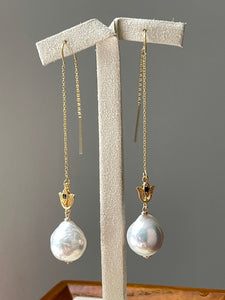 Rainbow-Pink Ivory Pearls, Tulip 14kGF Threader Earrings