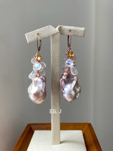 Load image into Gallery viewer, Mermaid Peach Rainbow Baroque Pearls, Rainbow Moonstone, Rose Quartz 14kRGF Earrings
